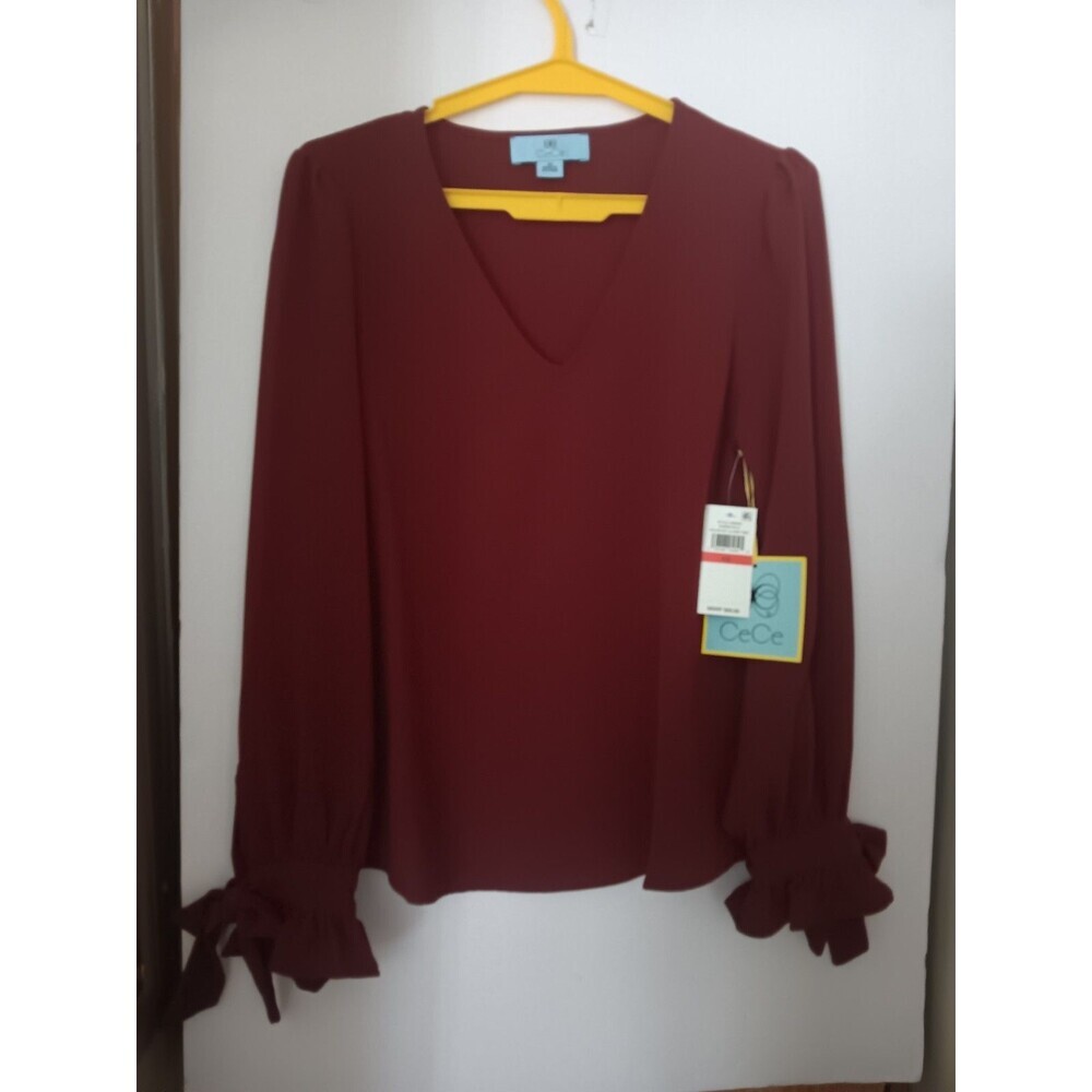 NWT CeCe Claret Red Tie Cuff Ruffle Sleeve Blouse Womens XS V-Neck Long Sleeve - Picture 3 of 9